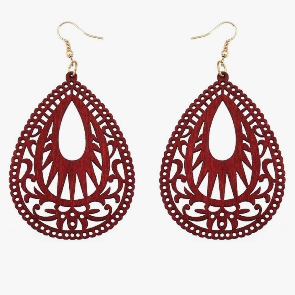 Red wine earrings Bohemian Geometric Wood Earrings Natural